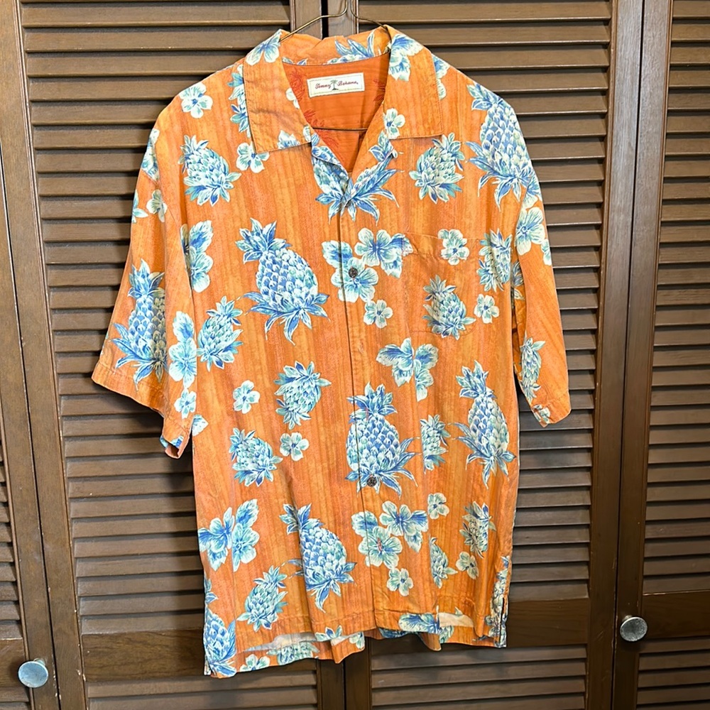 Tommy Bahama aloha shirt, silk, orange, medium